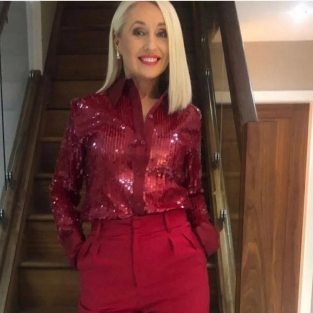 Zara Sequin Red Shirt Size S NWT